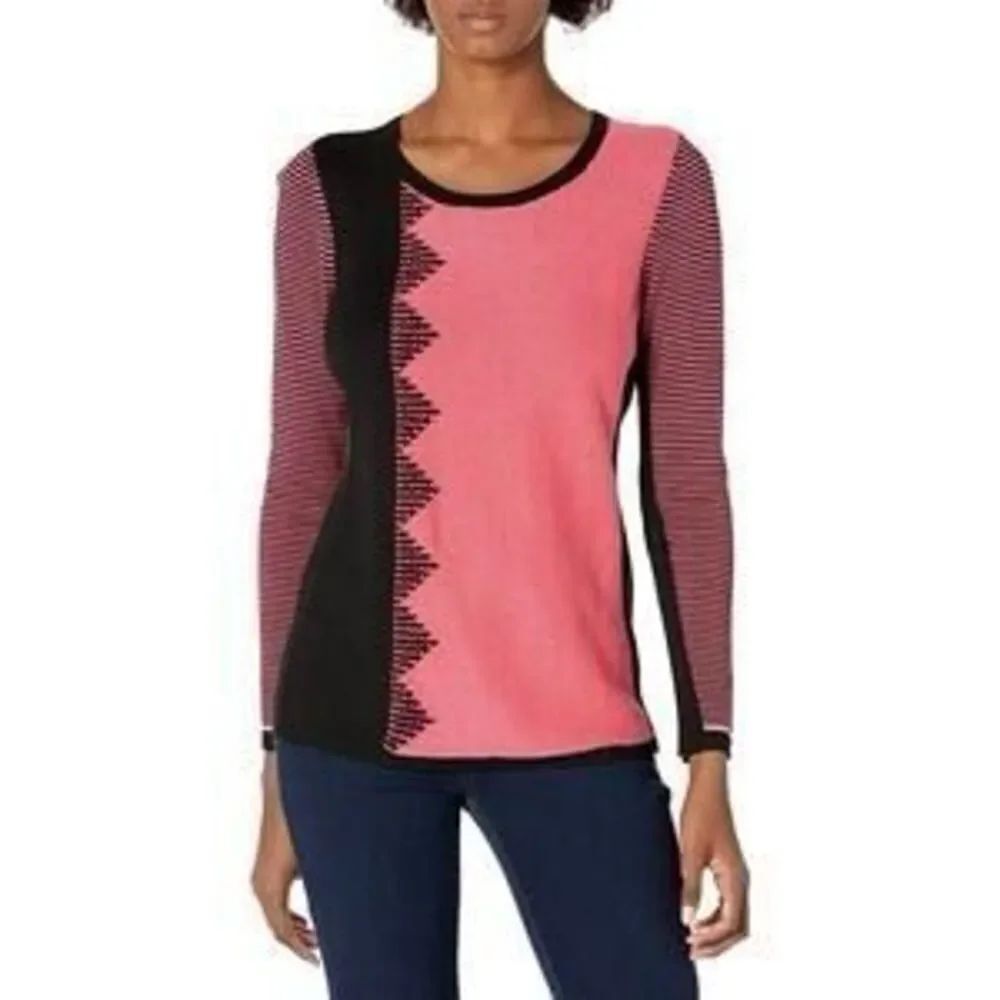 Nic+Zoe Outer Angle Strawberry Pink & Black Preppy Pull Over Sweater Size L